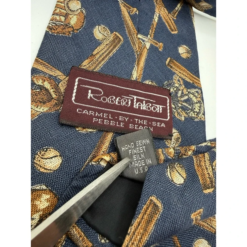 Robert Talbott Carmel By The Sea Silk Tie Baseball Bats Balls Gloves Navy USA